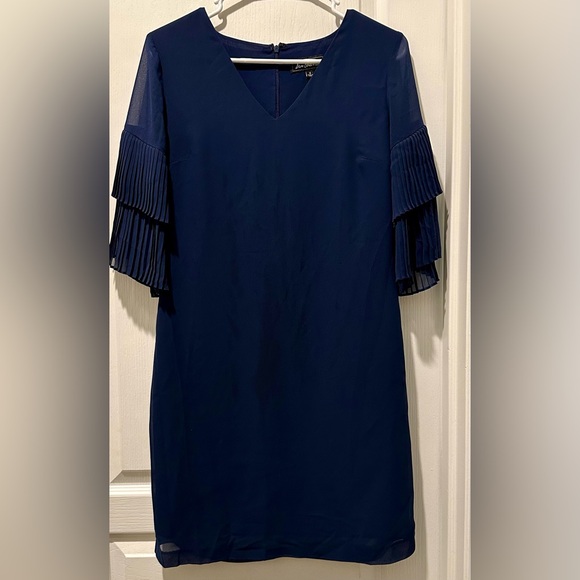 Sam Edleman V-Neck Navy Chiffon Shift Dress w 1/2 Tiered Pleated Sleeves - Picture 2 of 10